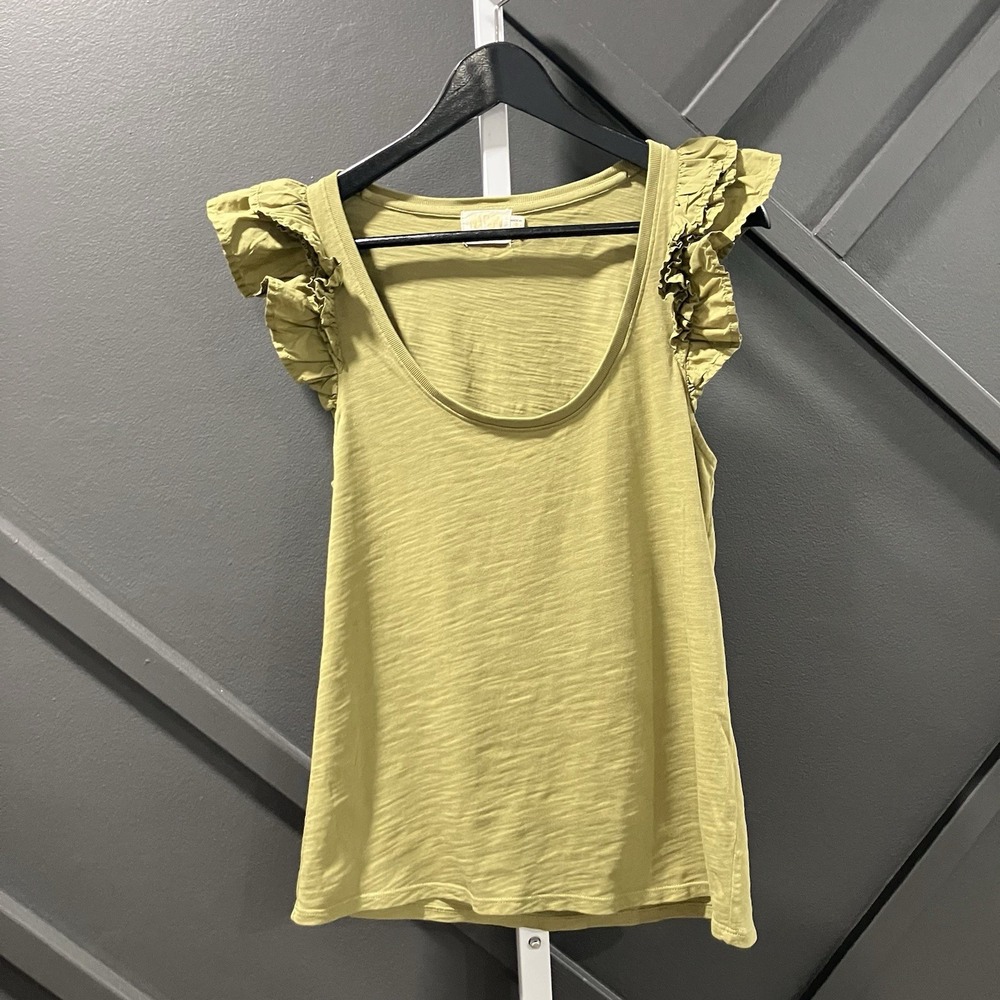 Nation LTD Top Womens S Olive Green Ruffle Flutter Sleeve Slub Cotton Tee